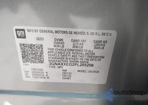 2023 Chevrolet Equinox Awd Premier z USA, uszkodzony, nr VIN 3GNAXXEG2PL205208